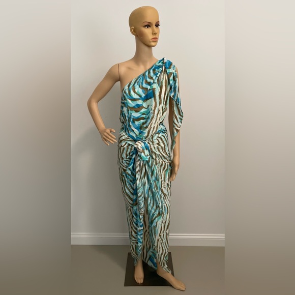 Zebra Print Blue Multicolor One Shoulder Statement Wrap Fashion Dress - Picture 12 of 13